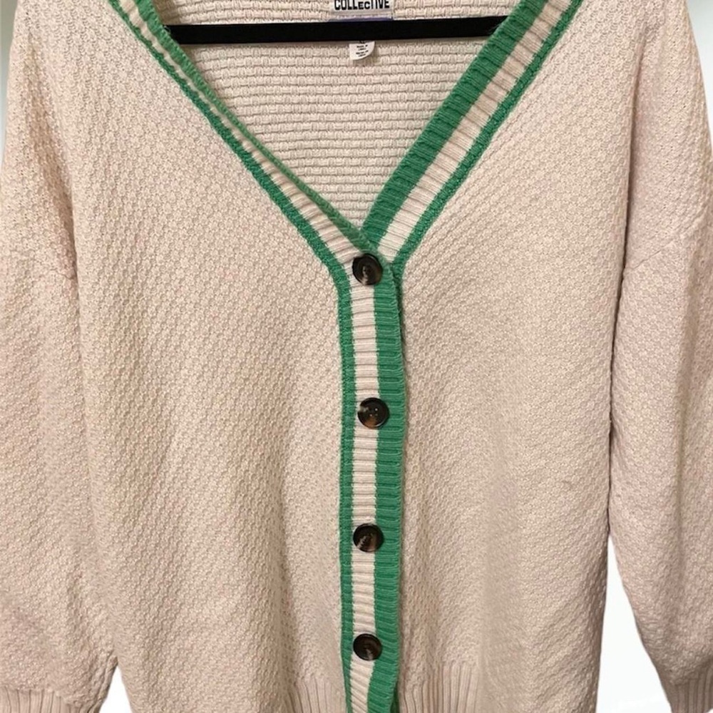 White with green stripes button down long sleep sweater